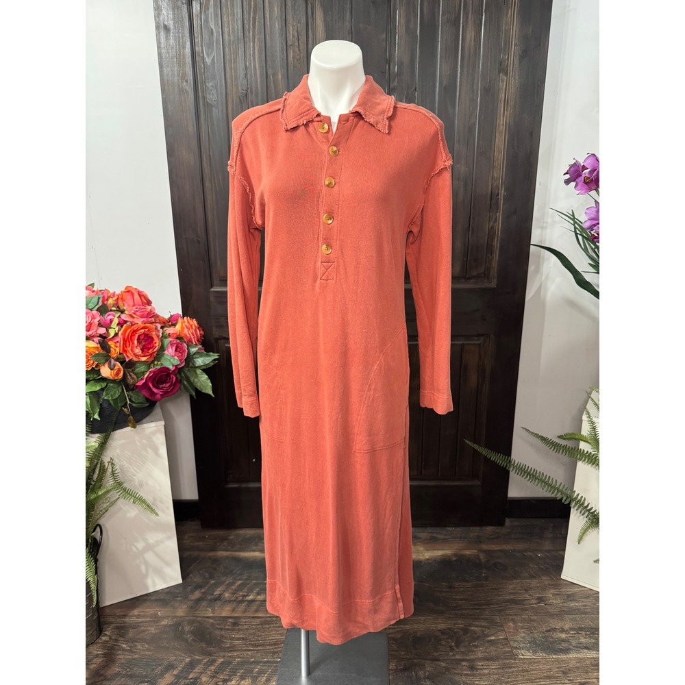 Free People Terracotta Orange French Terry Henley Midi Polo Dress Womens Large
